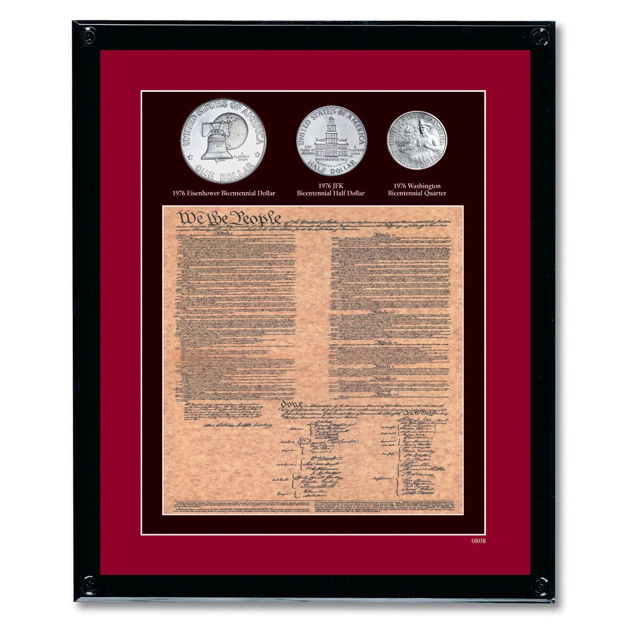 Framed U.S. Constitution With All 3 Bicentennial Coins